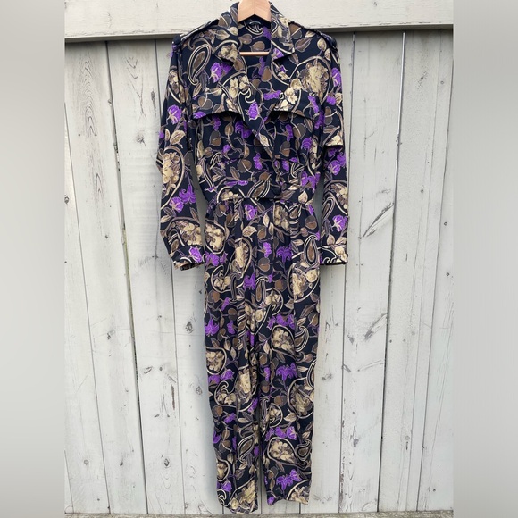 Vintage 80s Jumpsuit Floral Brocade Power Purple Gold 6 - Picture 4 of 12